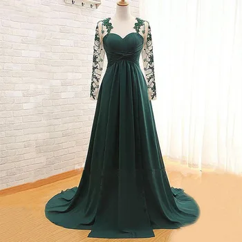 Висококачествени рокли за майката на булката трапецовидна форма, тъмно-зелен цвят с дълъг ръкав и аппликацией под формата на бижута около врата, сватбени рокли за гости с замочной дупка отзад