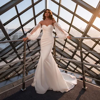 Msikoods атласное модерна Сватбена рокля Русалка 2023 с подвижни, буйни ръкави и сгънати във формата на сърце Женски сватбени рокли Vestidos