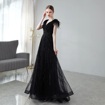 2021 Секси вечерни рокли с дълги черни пера, V-образно деколте, расшитый мъниста, празнична дреха за сватба
