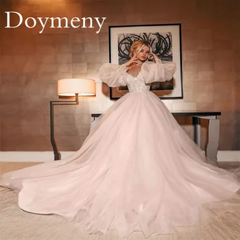 Бална рокля от тюл Doymeny розов цвят, буйни ръкави принцеса, сексуална сватбена рокля без презрамки с аппликацией, сватбената рокля на придворен влак Robe De Mariee