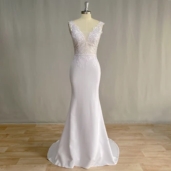 DIDEYTTAWL Реални снимки Дантелено сватбена рокля на Русалка с V-образно деколте 2023 г., атласное сватбена рокля без ръкави, с влак, атласное сватбена рокля
