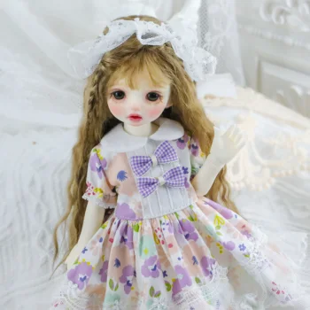 Комплект дрехи за кукли BJD е подходящ за момичета 1/3 1/4 1/6 размери, дрехи за момичета bjd, сладка лилава рокля с цветен модел, аксесоари за кукли (две точки)