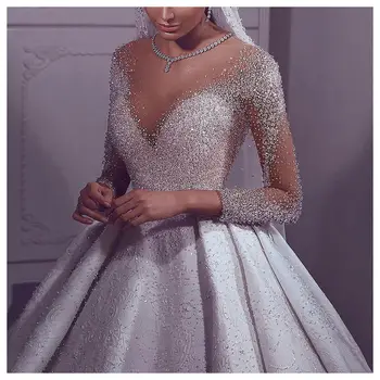 Луксозна сватбена рокля за младоженци с мъниста и пайети, Великолепни дантелено бална рокля ръчна изработка с дълъг ръкав