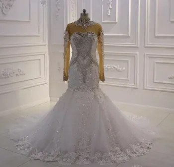 2023 Луксозна сватбена рокля на Русалка с високо воротом, украшенное кристали и мъниста, 3D дантелени цветя, Саудитски арабски плюс размера сватбени рокли, Vestidos De Noiva