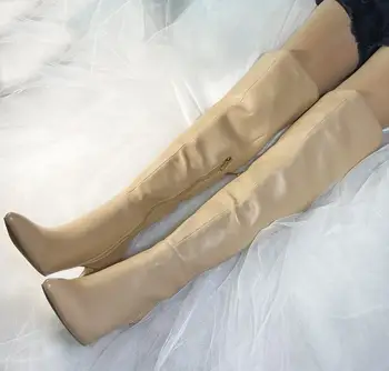 2021 г. Есенно-зимни дамски ботуши до коляното от каутовой на кожата с остър пръсти, тънки високи ботуши с страничния цип
