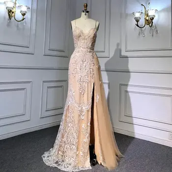 2023 Вечерна рокля с аппликацией от тънко тюл, луксозно елегантна рокля за бала, бретельки на спагети презрамки, дължина до пода рокля за сватбеното парти в стил русалка