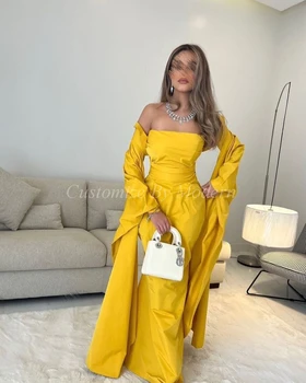 Русалка Жълти сатенени рокли за бала рокля без презрамки с дълъг ръкав, дълги до пода Саудитска Арабия-секси вечерна рокля