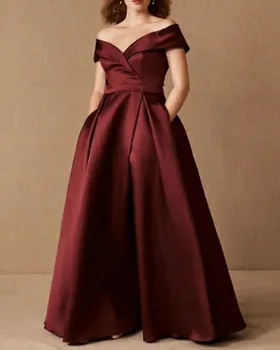 Vestidos 2022 Елегантна Бордовое Вечерна рокля Трапецовидна форма С открити рамене с Дължина до пода, Атласное Вечерна Рокля за Бала, Robe De Soriee