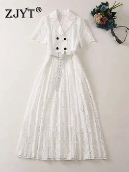 Бяла рокля с куха бродерия ZJYT за подиум, секси лятна рокля 2023, елегантни и луксозни вечерни рокли миди с къс ръкав, празнични халати