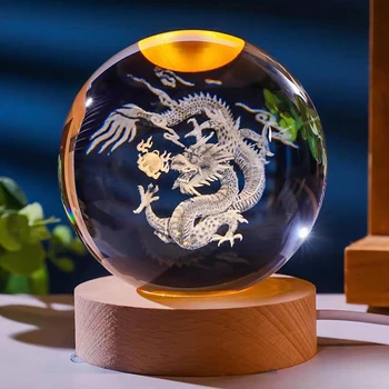 Китайски Зодиак, кристална топка с 3D лазерно гравиран, дракон, Тигър, фигурки на животни, нощна лампа, украсата на дома на работния плот