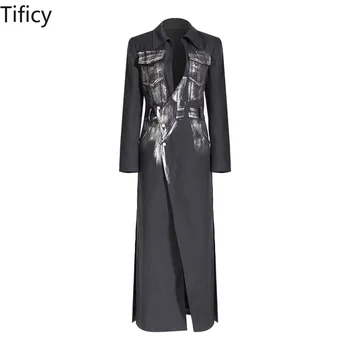 Модни ветровка, дълги палта, есенен дамски метална сребърна четка ръчна изработка, супер дълъг сако в стил рок-художник, тренч