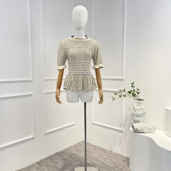 Памук 2023, ново най-високо качество, пролет-лято, ежедневни дамски блузи с вълнообразни ивици и накъдрен, блузи с къс ръкав за жени