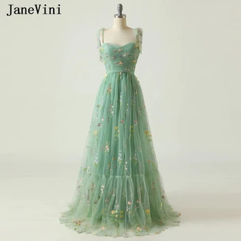 JaneVini Пролетно-зелени рокли за абитуриентски бал с цветен модел за жени, тюлевая бродерия, с дълги вечерни рокли с тънки спагети презрамки, Vestidos Largos
