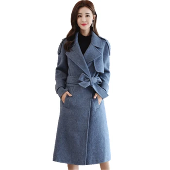 Зимно дамско гъст вълна палто в голям размер, с дълга цепка, Зимно дамско Вълна палто с колан и дълги ръкави-фенерчета, вълна палто D896