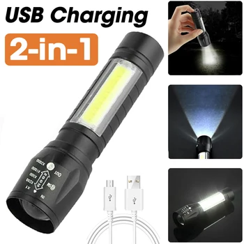 2-в-1 Led Фенерче Мини-Факел 4 Режима на USB Акумулаторна Лампа Zoom Focus COB Факел Открит Водоустойчива Лампа за Къмпинг