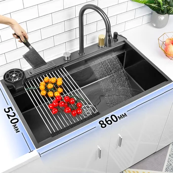 Нова черна нано кухненска мивка от неръждаема стомана 304 с водопад, голяма однослойная мивка с мулти-сензорен водопад Fauce