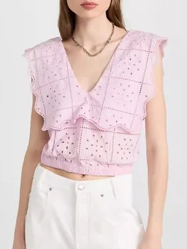 2023 Нов дамски сладко розово жилетка, дамски дантелени блузи с бродерия, с V-образно деколте, без ръкави, гъвкави, пролет-лято