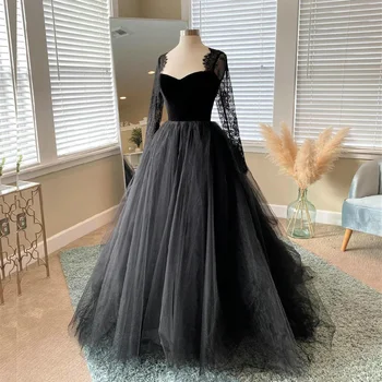 Сватбена рокля от тюл с дълъг ръкав DREAM Готически с кружевными апликации, черно сватбена рокля 2022, диференцирани сватбена рокля във формата на сърце