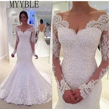 MYYBLE, нови сватбени рокли на русалка с дълъг ръкав, бельо евтино булчинската рокля на булката, реални снимки, Vestido De Noiva по поръчка