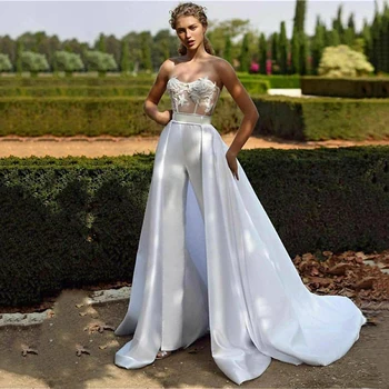 Lsyx 2 в 1, гащеризон, сватбени рокли, 2023, брючный костюм, дантелени апликации, подвижна панделка, сватбена рокля с отворен гръб, сватбена рокля в стил сладка булка