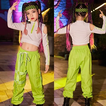 Детски дрехи за танци в стил хип-хоп за момичета Бели съкратен върховете Свободни зелени панталони улични танцови костюми за джаз фестивали DN10615
