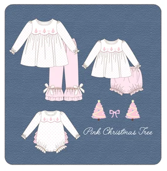 Коледен гащеризон за малки момичета, комплект дрехи от 2 теми, памучни облекла, панталони, гащеризон, боди с бродерия под формата на дърво, розов цвят, с дълъг ръкав