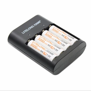 4 бр. литиева батерия с висока мощност от 1,5 3000 МВтч, литиева батерия тип АА, микрофон, камера, литиева батерия + 4 слота USB smart charger