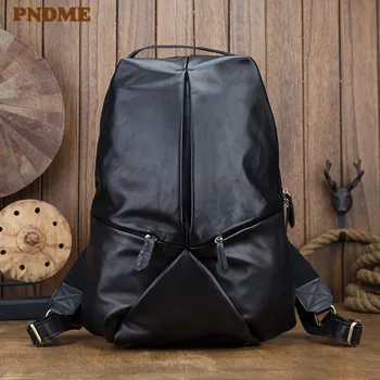 PNDME случайни просто най-горния слой от телешка кожа, черен мъжки раница, модерен дизайнерски раница ръчно изработени от естествена кожа, чанта за лаптоп, чанта за книги 2019