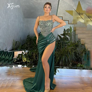 Xijun зелени Елегантни вечерни рокли на Русалка на спагети презрамки, рокли за абитуриентски бал, без ръкави, с пайети, вечерна рокля с цепка отстрани, Саудитска Арабия