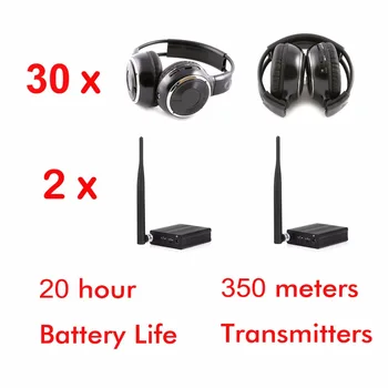 3-канални, безжични слушалки за безшумна дискотеки с дължина 500 м. - 30 бр. сгъваеми приемници + 2 бр. предаватели