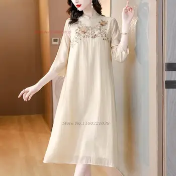 2023 традиционното китайското винтажное памучни ленено рокля с национална бродерия на цветя ципао, китайското подобряване на източното рокля чонсам