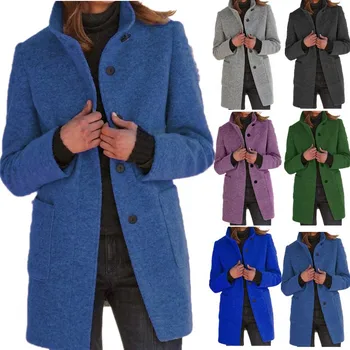 2023 Есенно-зимно дамско палто, вълнена в ретро стил, монофонични яка, копчета, дълъг ръкав, тънки якета за жени