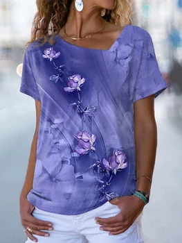 Женска тениска, тениска с флорални принтом, къс ръкав, уикенд почивка, базов V-образно деколте, обичайно флорални картини, топ в стил харадзюку