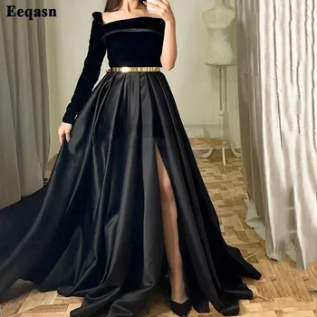 Eeqasn Черен сатен с кадифени рокли за абитуриентски бал, секси вечерна рокля с дълги ръкави и цепка отстрани, елегантни рокли и рокли на знаменитости