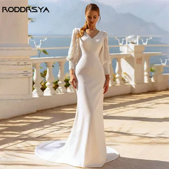 RODDRSYA/ модерни сватбени рокли с пищни ръкави, секси рокля на булката с отворен гръб, меки сатенени рокли на русалка с V-образно деколте, модерна vestidos de новия