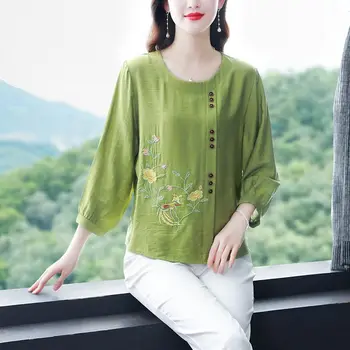Модерен дамски памучен бельо тениска на големия размер, с 3/4 ръкав и кръгло деколте, пролет-лято, корейската бродерия, флорални са свободни, тънки върхове