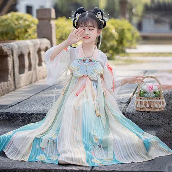 Китайското традиционната рокля Hanfu в стила на династията Тан, костюм феи за момичетата, древна дълга облекло принцеса синьо за деца, дрехи за cosplay