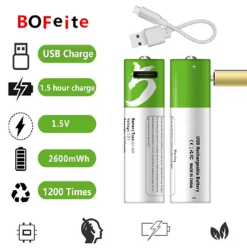 USB-батерии BoFeite AA, литиево-йонна батерия на дистанционното управление за мишката, електрическа играчка, 1,5 В, 2600 МВтч