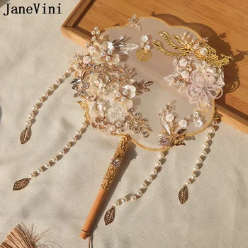 JaneVini Разкошен златен многоугольный сватбен фен с перли, с четка, с мъниста, хрусталем, древен китайски стил, фен на цветя на булката, булчински букет