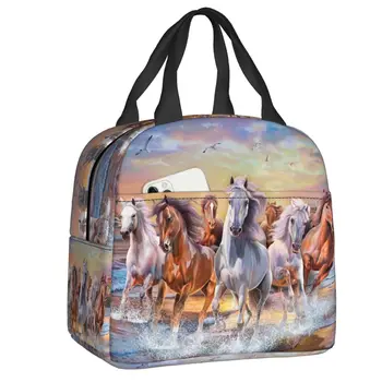 Изработена по поръчка класическа чанта за обяд с изображение на движещ се кон, мъжки и женски, топъл охладител, изолиран обяд-бокс за детски училище