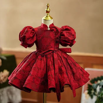 2023 Ново бебе вечерна рокля с лък в испански ретро стил за момичета, рожден ден, кръщене, коледа, Коледни червени рокли за празника Ейд 