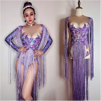 Виолетовият еластично боди с пайети, с костюм певица, танцьорка, гащеризон с пискюли, дрехи за травестит, празничен кралят на рейв-облекло