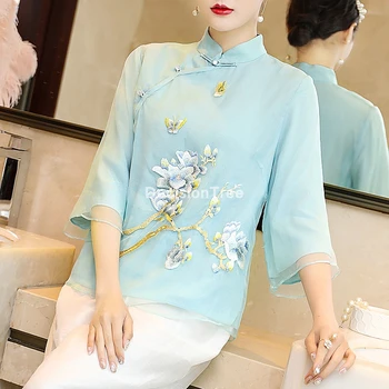2022 традиционна женска коприна блуза в китайски стил с цветна бродерия, топ ципао, яка-часова китайски стил, блуза в стил тан със средния ръкав