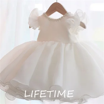 Кратко сватбена рокля с цветя модел за момичета, детски рокля с хубав нос, принцеса, бормашина, с кръгло деколте, годишнина, рожден ден, рокля за бала, розов, бял