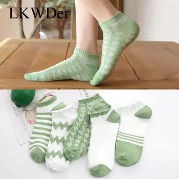 5 двойки/лот, дамски къси чорапи, пролет-лято, зелени райета фини дамски чорапи-лодки, изпъстрен чорапи, чорапи с ниска тапицерия, ежедневни чорапи Meias
