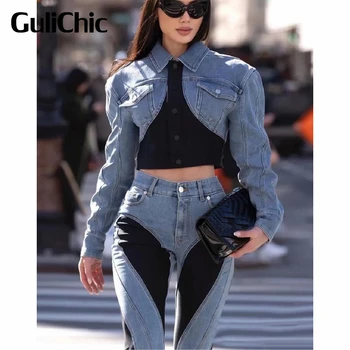 5.26 GuliChic/ дамски градинска лоскутная яке в контрастен цвят, с дълъг ръкав, ежедневни къси деним яке
