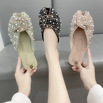 BCEBYL/ летни дишащи обувки на плоска подметка с кръгла пръсти, украсени с перли и кристали, модерни нови елегантни дамски чехли с малките си пръсти