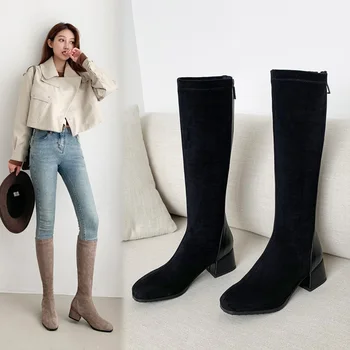 2021 Стрейчевые дамски обувки, модни ботуши до коляното от изкуствен велур на висок ток, в есенно-зимната плюшен дамски обувки, размер 34-43, черен