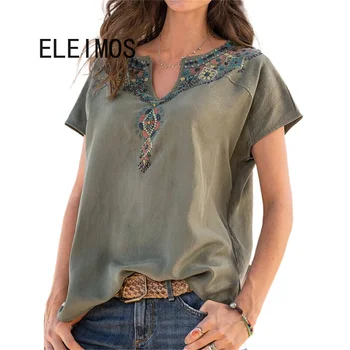 ELEIMOS/ пролетно-лятна дамска свободна тениска в западния етнически стил с къс ръкав