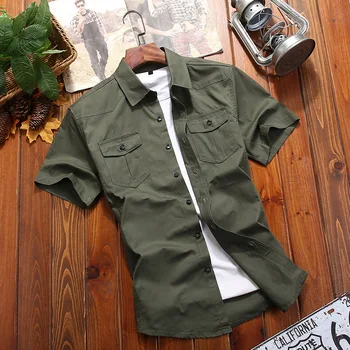 Военна риза, мъжки ризи, ежедневния стил, модни дрехи, памук къс ръкав, ретро реколта, обикновен зелен, лесна, директна доставка
